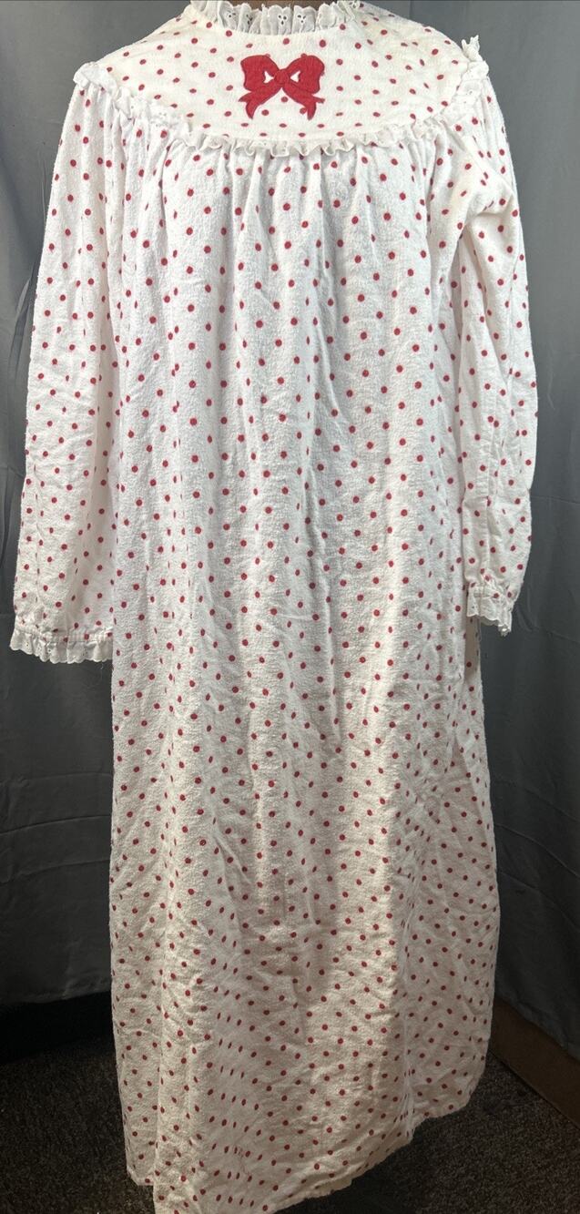 VTG Lanz of Salzburg Flannel Nightgown Medium White Red Polka Dot Big Felt Bow